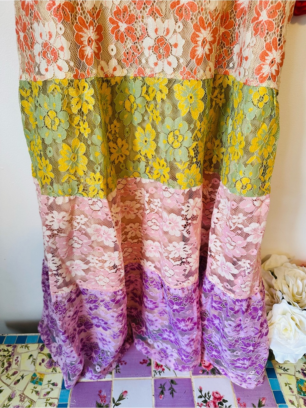 NEW Mystree Gabriella Color Block Multicolor Floral Lace Tiered Midi Dress L - Picture 5 of 12